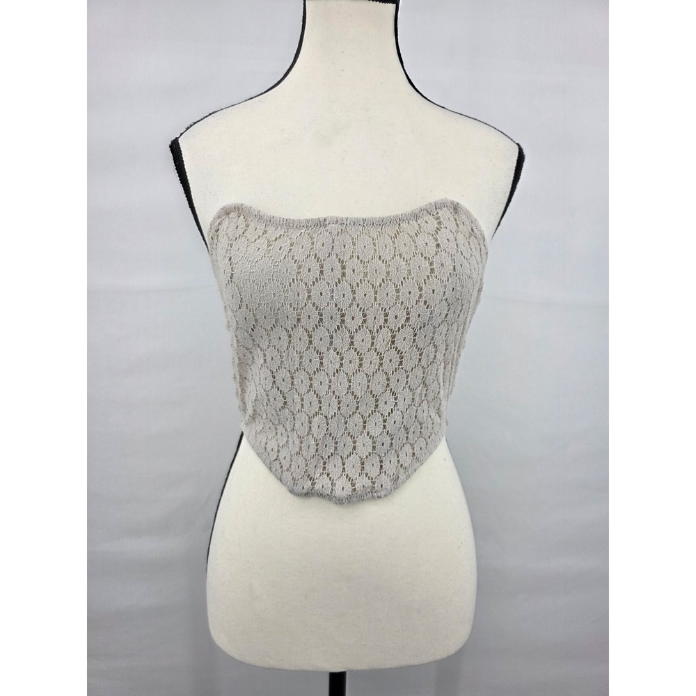 Tic Toc From Los Angeles Lace Corset Tube Top Beige Gray Hook Eye Back Small